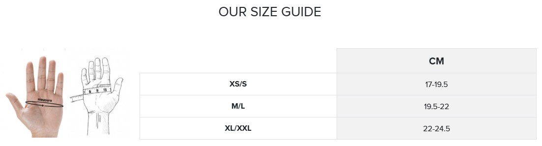 Hurricane Mitten kinnaste suurustabel